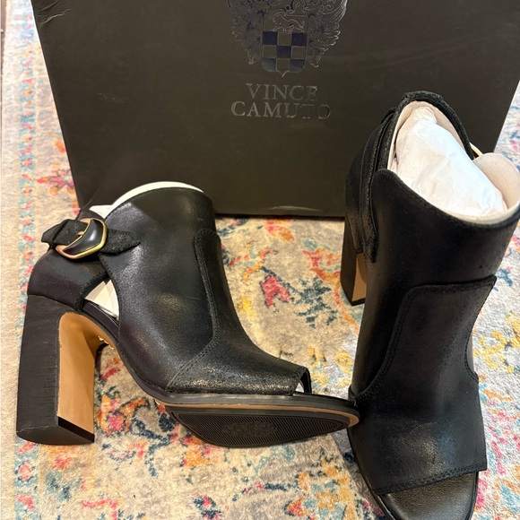 Vince Camuto Black Heeled Boots with Gold Buckle - Picture 2 of 10